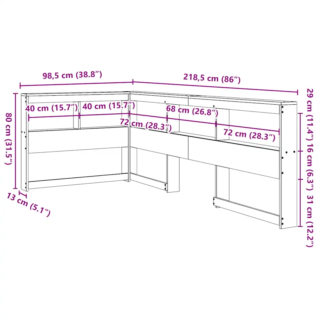 Testiera libreria a L-Testata contenitore Marrone Cera 80 cm Legno Massello di Pino
