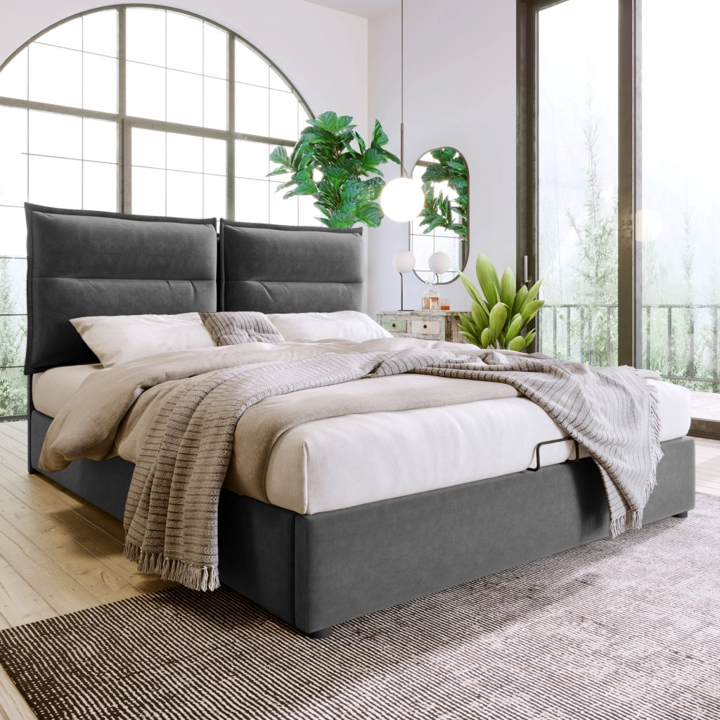 Letto Contenitore 140×200 cm; Letto Matrimoniale con Testiera Regolabile e Vano; senza Materasso; Velluto Grigio