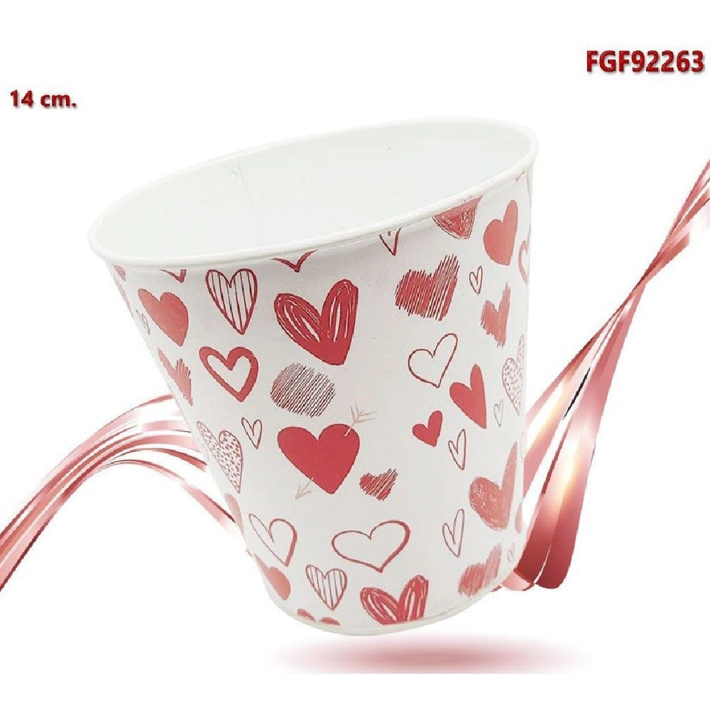 Trade Shop - Secchiello Decorativo In Latta Con Cuori Rosso Bianco 14cm San Valentino 92263 -