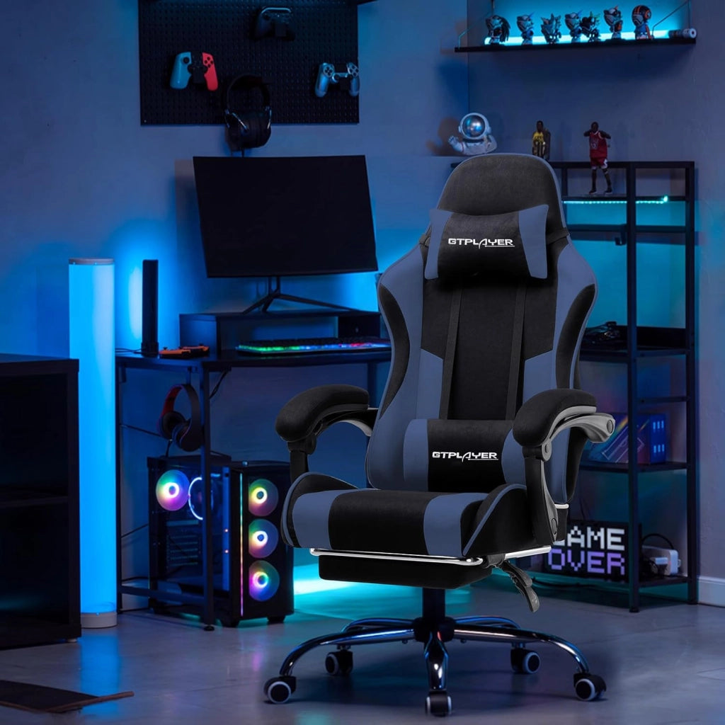 Sedia da gioco, sedia da ufficio, sedia ergonomica per PC, poltrona da gioco con supporto per massaggi, sedie task con poggiapiedi e poggiatesta, tessuto blu