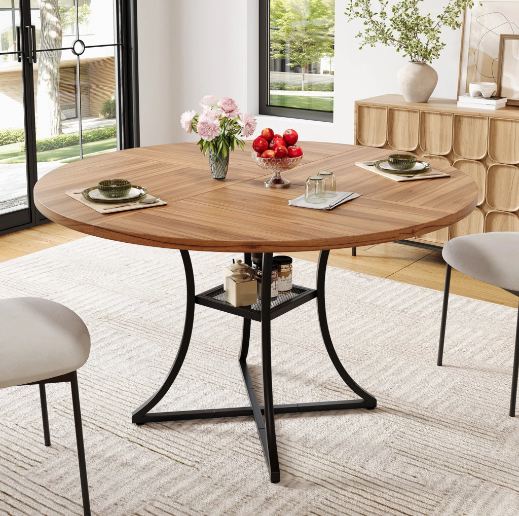 Tavolo da pranzo rotondo 100 x 100 x 75 cm con ripiano in MDF e metallo; noce e nero