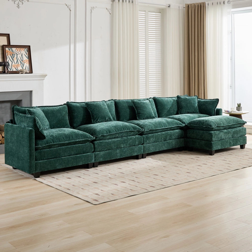 Divano modulare 4 posti in ciniglia con cuscini ergonomici e seduta a doppio strato, per soggiorno e appartamento, verde
