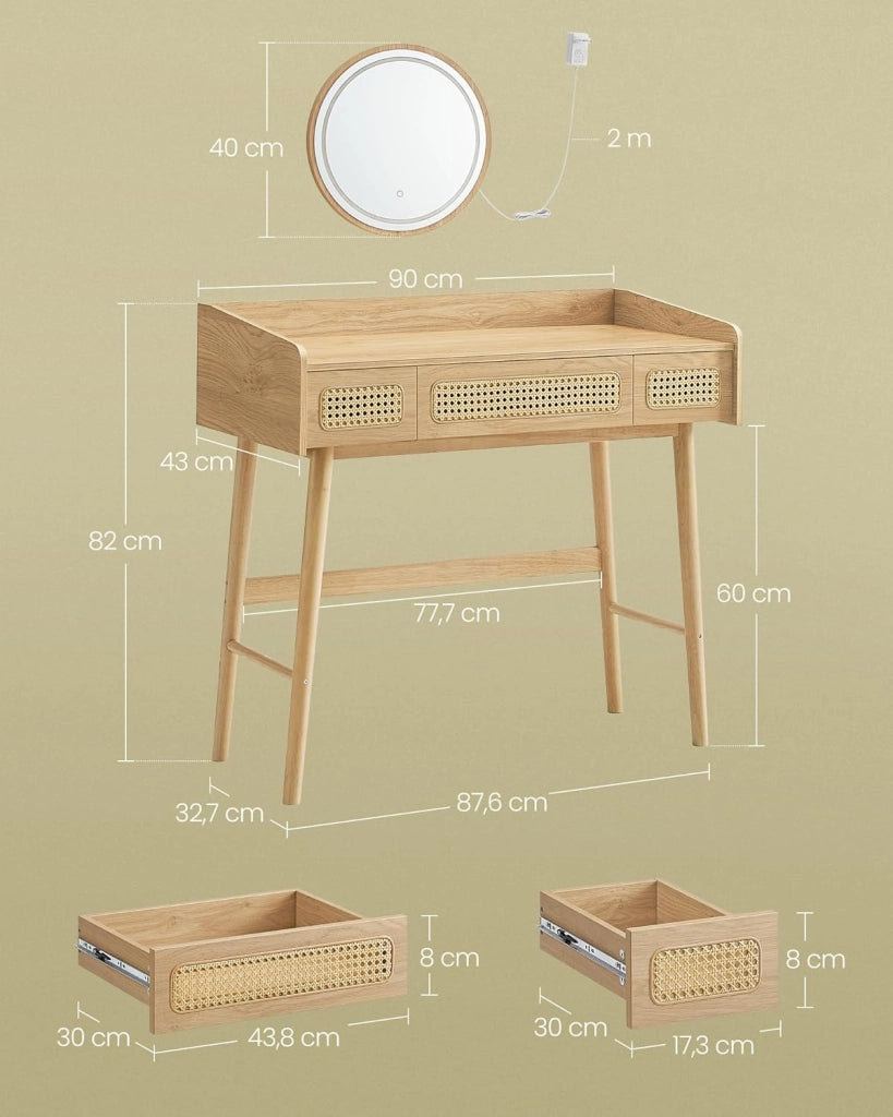 SONGMICS HOME Tavolo da Toeletta con Specchio e Luce, Tavolo da Trucco, 3 Cassetti Effetto Rattan, Luce con 3 Colori, Stile Bohemien, Camera da Letto, Rovere Beige RVT007Y01