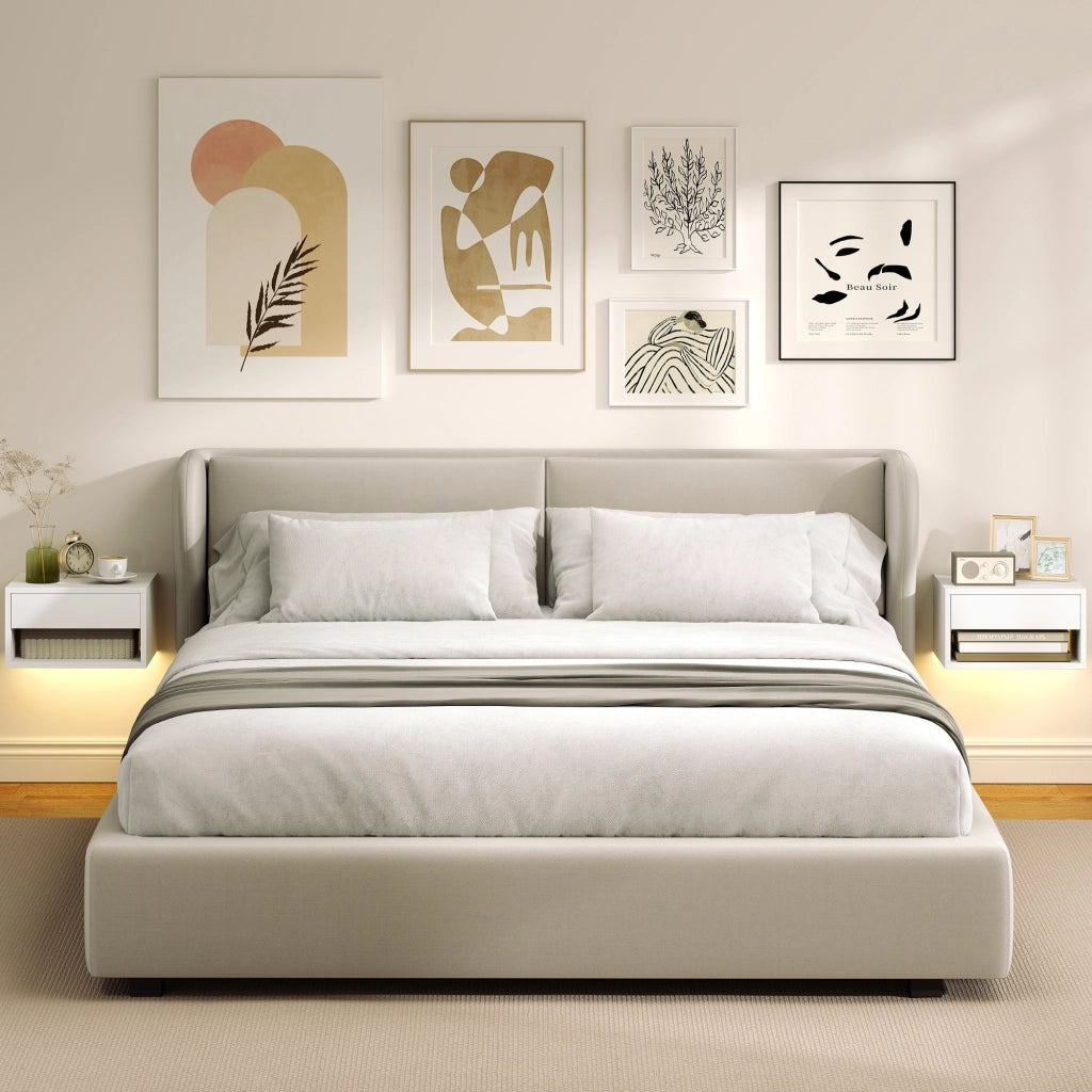 Comodino sospeso con luce LED RGB, scaffale, cassetto ¨C Minimal ¨C bianco, 37x32x21cm