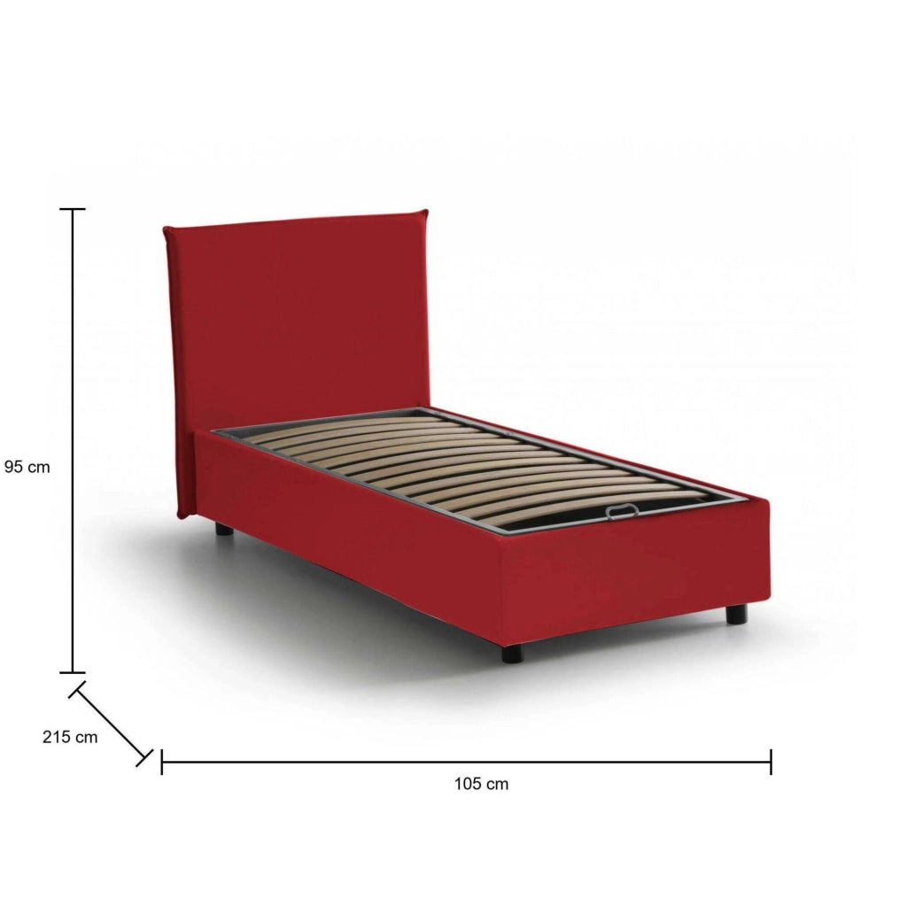 Letto singolo Alder, Letto contenitore con rivestimento in tessuto, Made in Italy, Apertura frontale, adatto per materasso cm 90x200, Rosso