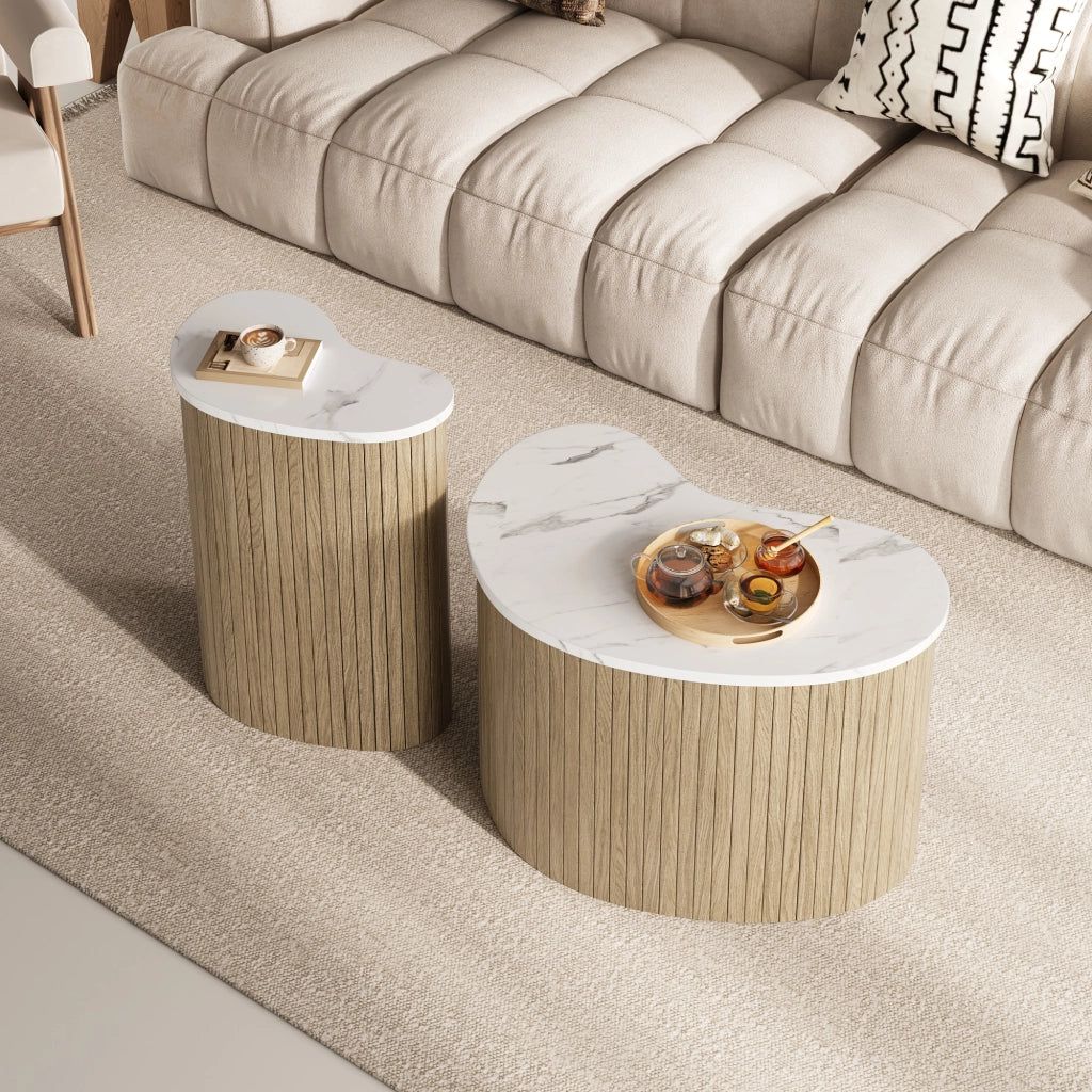 Tavolini da Caffè Nidificabili con 2 Piani; Effetto Marmo e Legno; Stile Scandinavo; in MDF; Naturale/Bianco