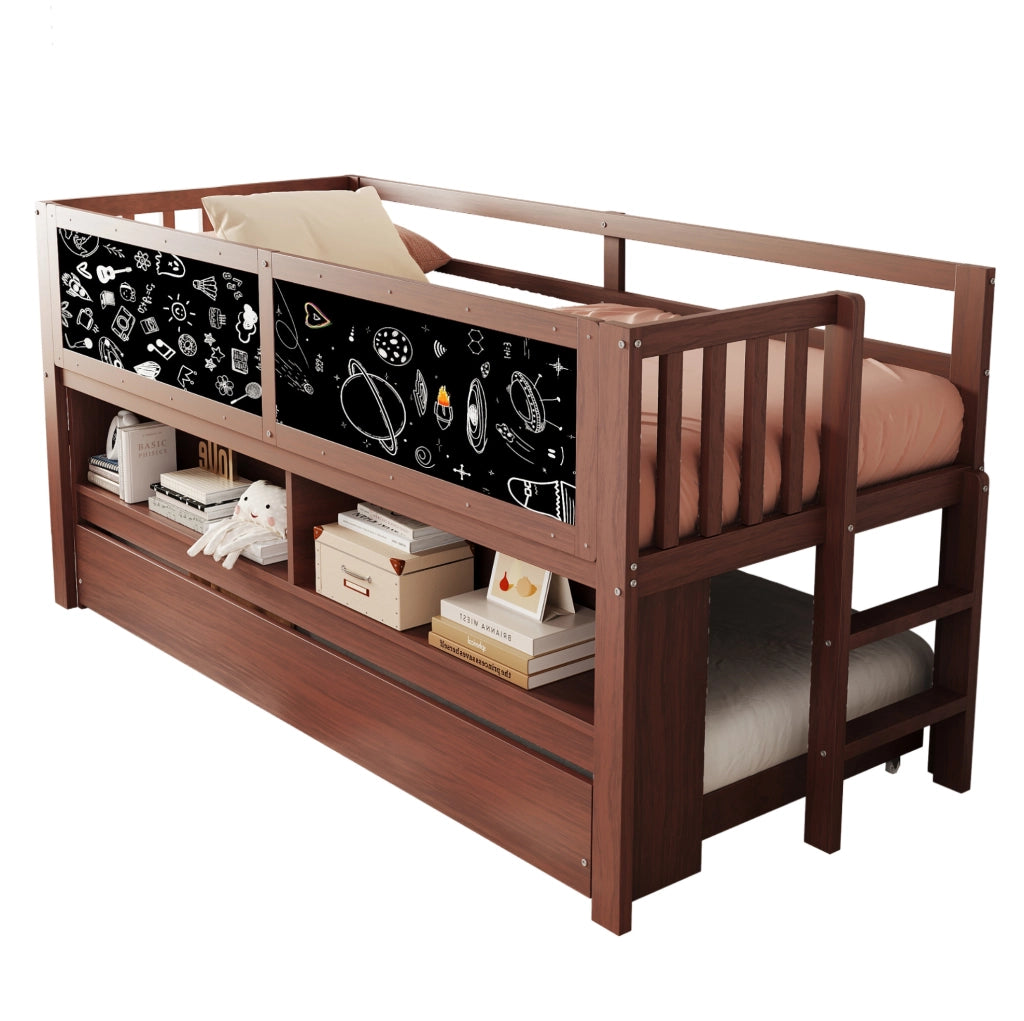 Letto per bambini 90x200 cm con letto estraibile; lavagna e ripiani aperti marrone