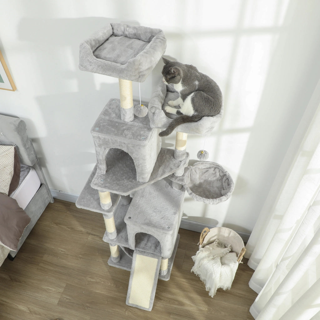 Albero Tiragraffi per Gatti 48x40x177 cm con 2 Casette 2 Lettini Trespolo e 2 Palline Grigio Chiaro e Beige