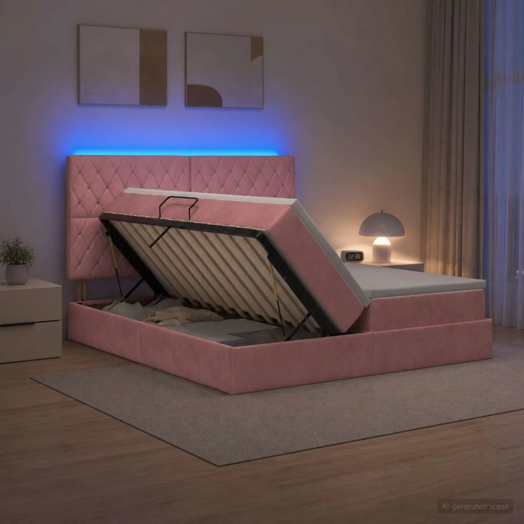 Letto con contenitore LED e materasso Rosa 200 x 200 cm Velluto 3460265