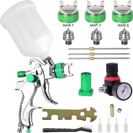 Kit per pennello - 3 atomizzatori (14 mm, 17 mm, 20 mm) - sistema di spruzzo - contenitore 600 ml - regolatore di pressione - adattatore di connessione - verde