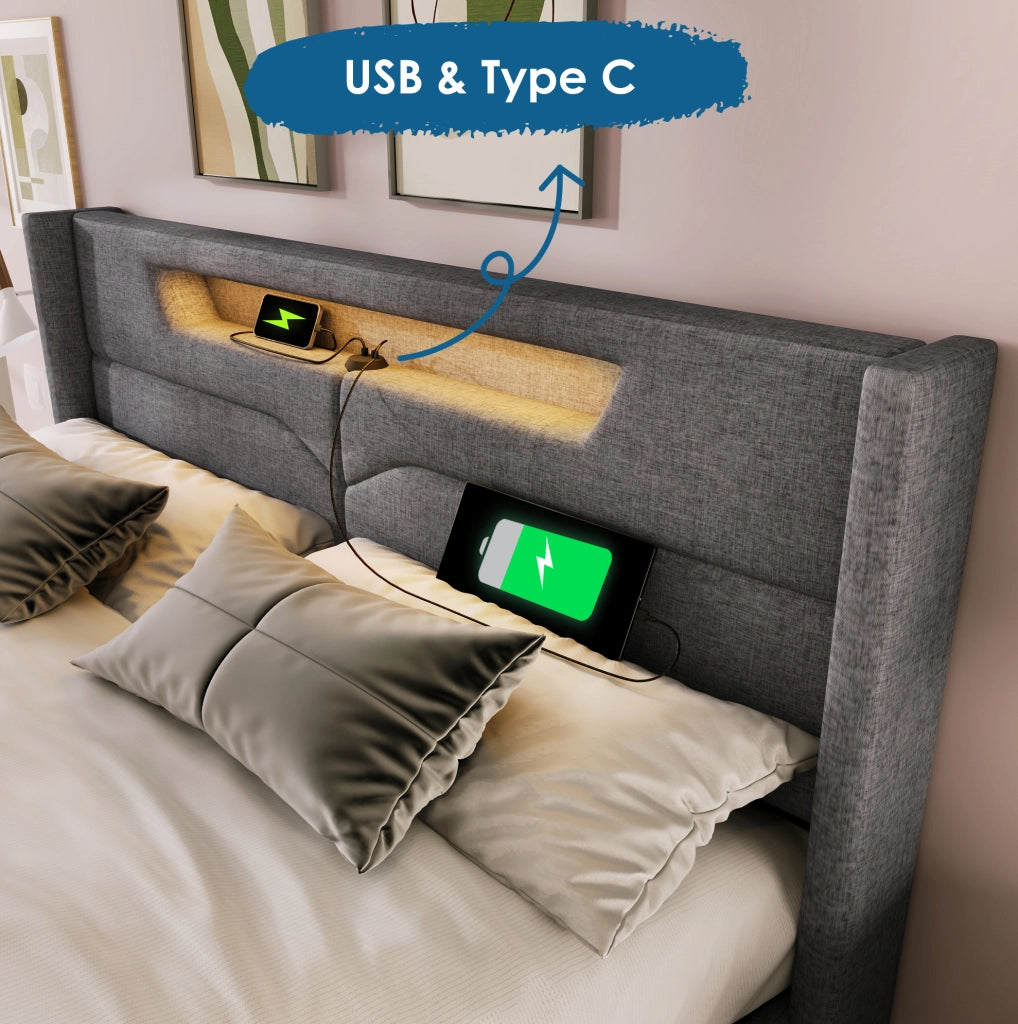 Letto 140x200 con materasso, LED, USB-C e contenitore