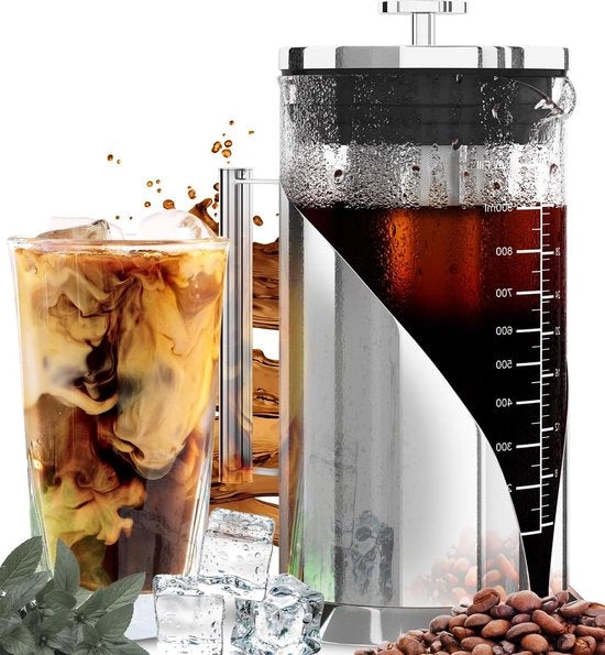Macchina per Cold Brew - 1 litro - Acciaio inossidabile 304 - Contenitore in vetro borosilicato - Macchina per caffè freddo - Afdichting a doppia camera a silicone ad alta densità