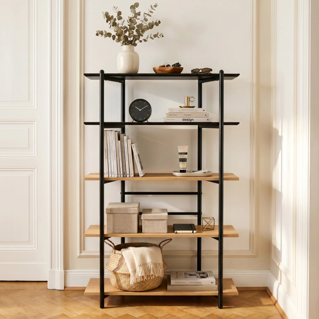 Libreria Kappespoo Scaffale da Terra a 5 Ripiani 124 x 80 x 35 cm - Nero/Effetto Rovere [en.casa]
