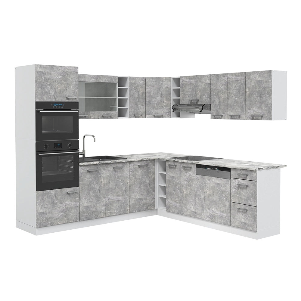 Cucina angolare completa R-Line Calcestruzzo/Bianco 247 x 237 cm, PL Marmo Vicco