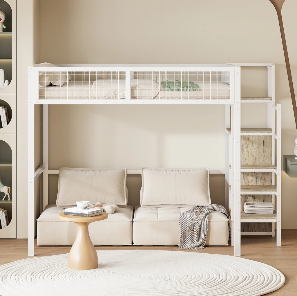 Letto a soppalco 140x200 cm in metallo bianco con scala, armadio e ripiani