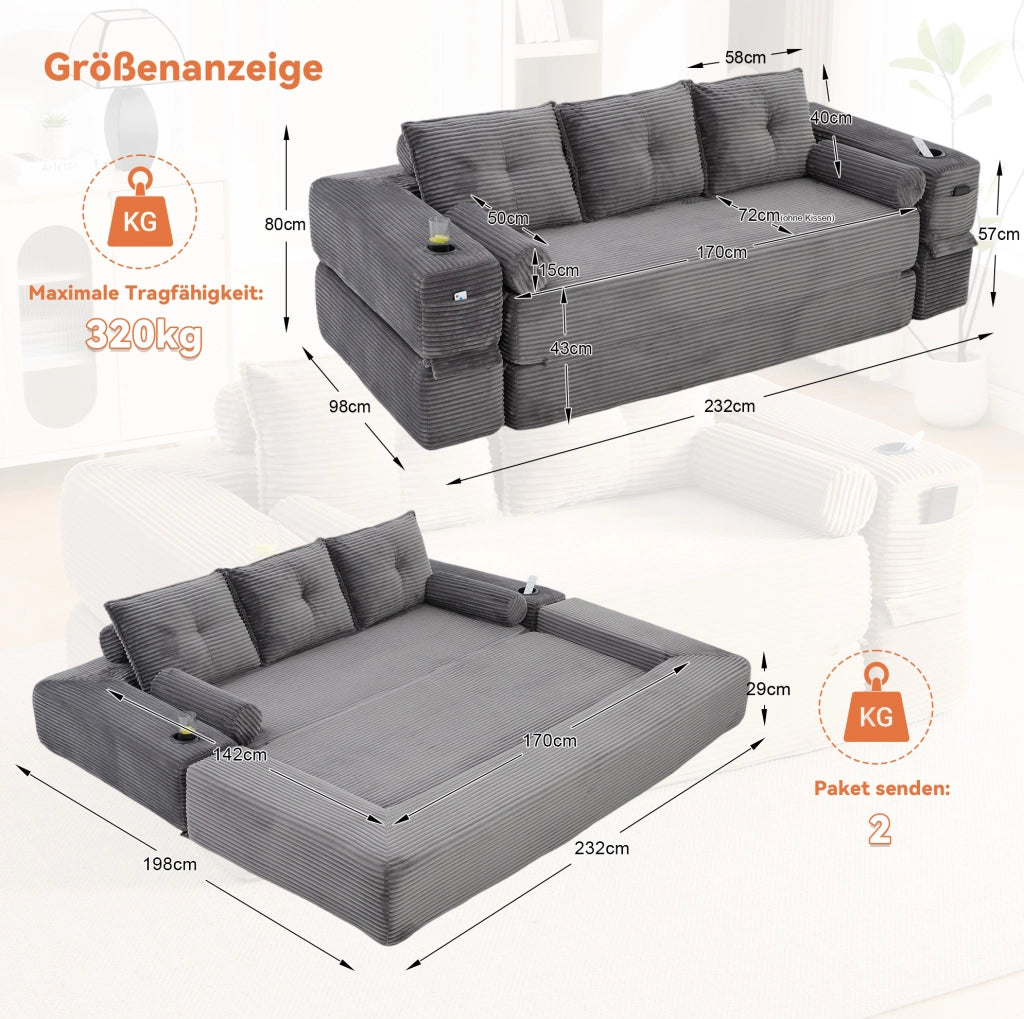 Divano letto 3 posti 232x98x80 cm grigio scuro, pieghevole con portabicchieri,