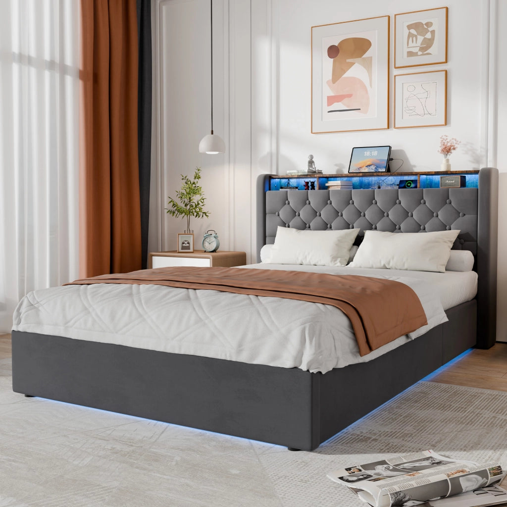 LETTO Imbottito 140 x 200 cm in Velluto Grigio con LED, USB e Contenitore