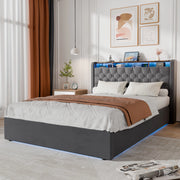 LETTO Imbottito 140 x 200 cm in Velluto Grigio con LED, USB e Contenitore