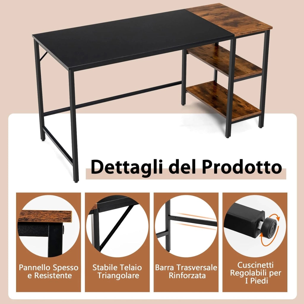 Scrivania per Computer da 140 cm, Scrivania per PC Portatile con Ripiani, Telaio in Acciaio e Ampio Piano, Scrivania Industriale per Ufficio e Studio, 140 x 60 x 74 cm (Nero)