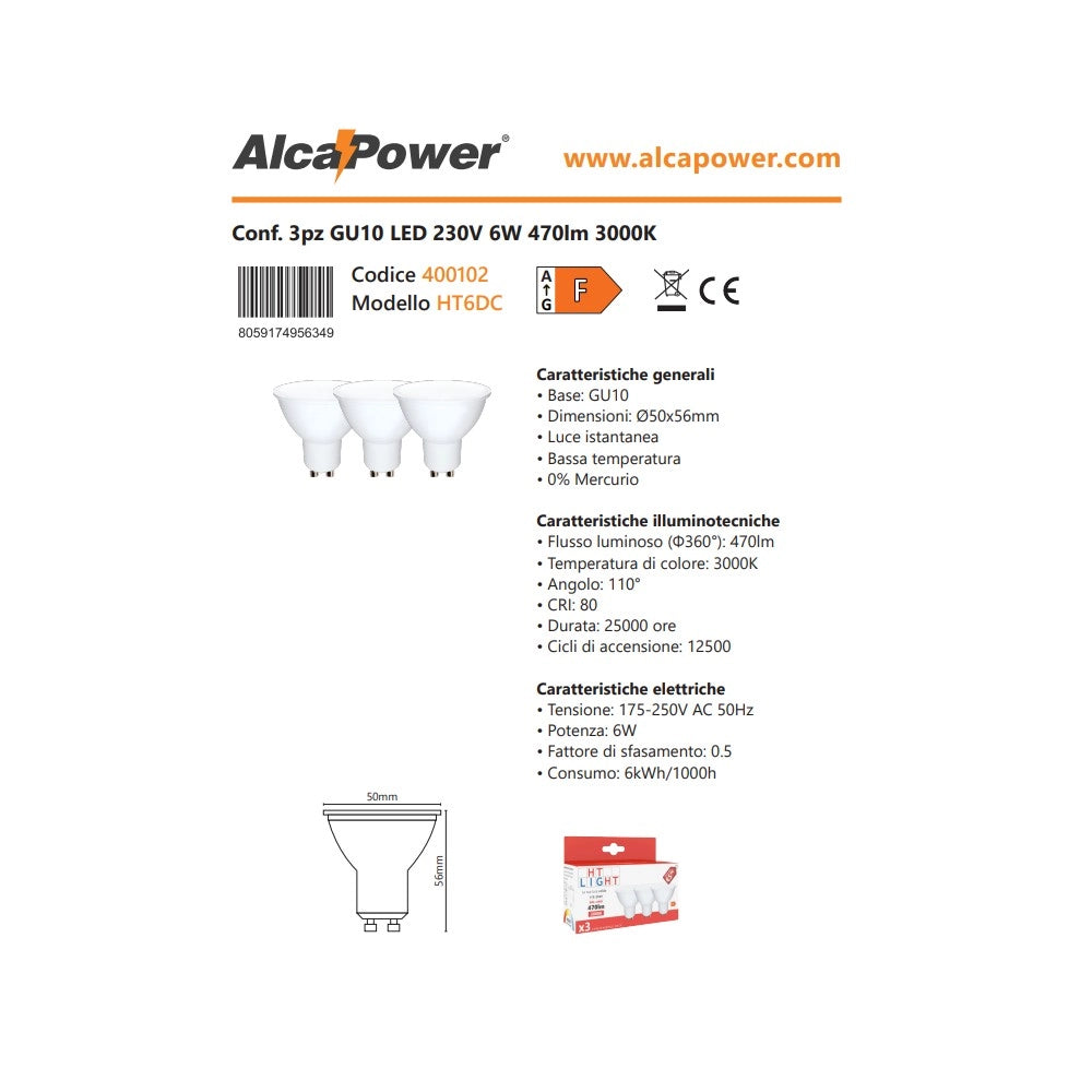 Alca power gu10 6w 175-250v 470lm 3000k lampadina dicroica led box da 3pz