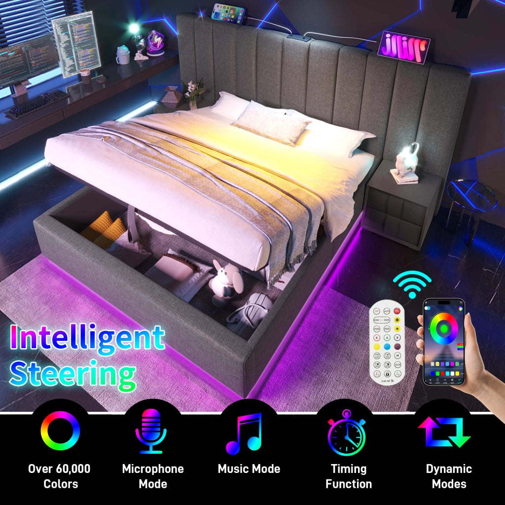 OKWISH Letto Contenitore 180×200 cm, Letto Matrimoniale con 3 USB, Type C e LED Regolabile, senza Materasso, in Lino, Grigio