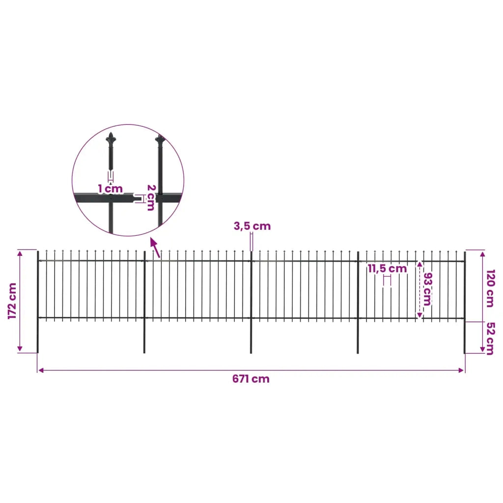 Recinzione da Giardino con Punta a Lancia in Acciaio 671x120 cm Nero 277623