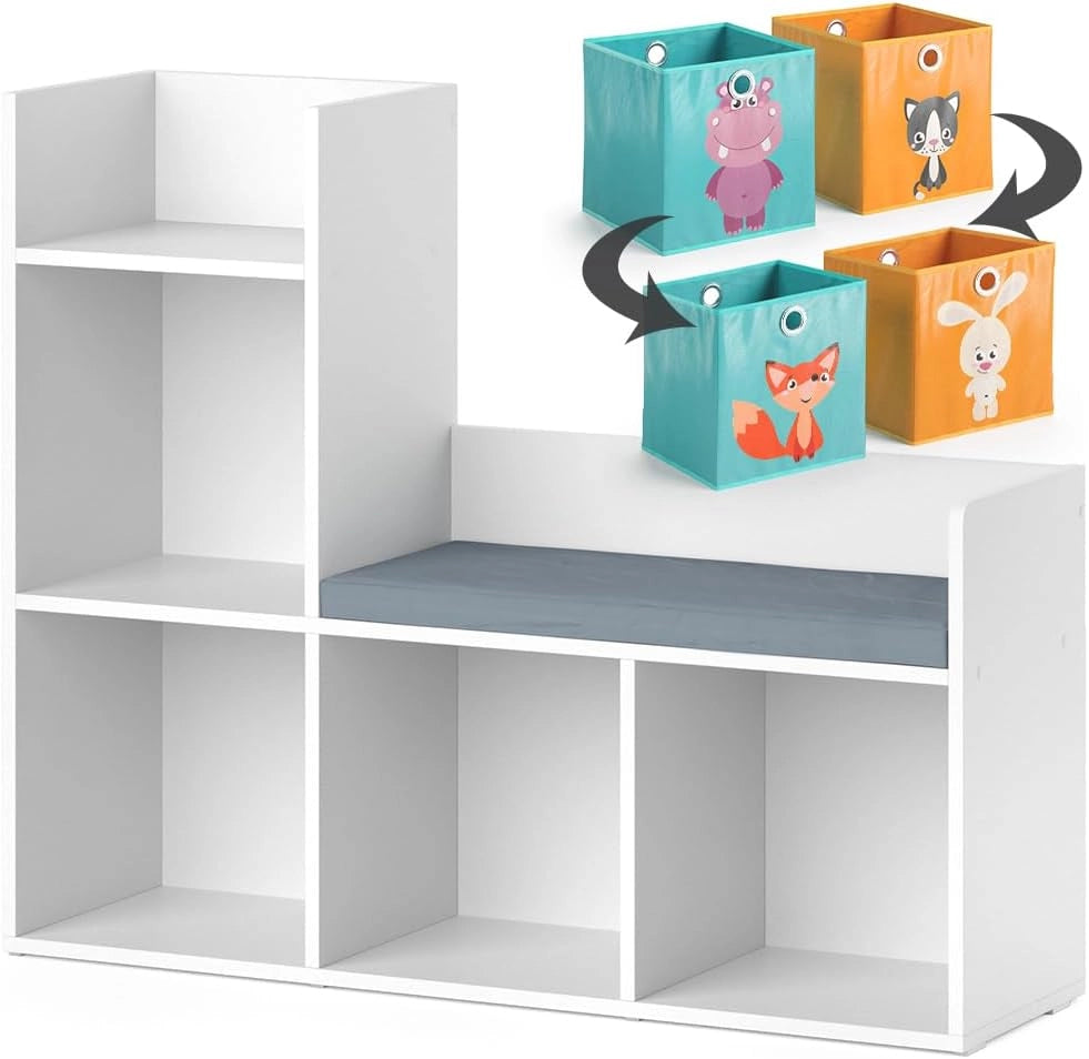 Scaffale per bambini Luigi, Bianco, 107.2 x 88.6 cm con 2 scatole pieghevoli opt.1, con seduta imbottita e quattro ripiani aperti