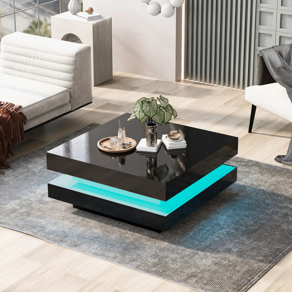 Tavolino da Caff¨¨ Rotondo con Piano Girevole e LED ¨C Xylo ¨C Nero Lucido, 70x70x36 cm