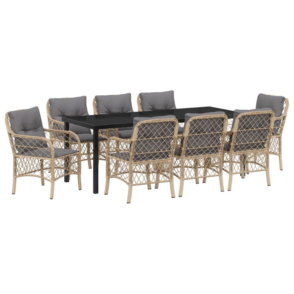 Set da pranzo da giardino 9 pezzi con cuscini beige in polyrattan