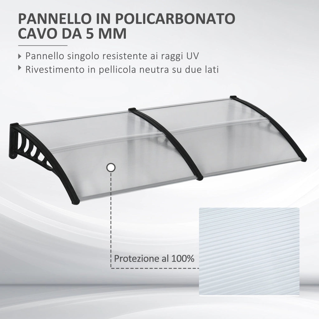 Pensilina Tettoia  200x100x26 cm in Policarbonato e Alluminio Nero e Trasparente