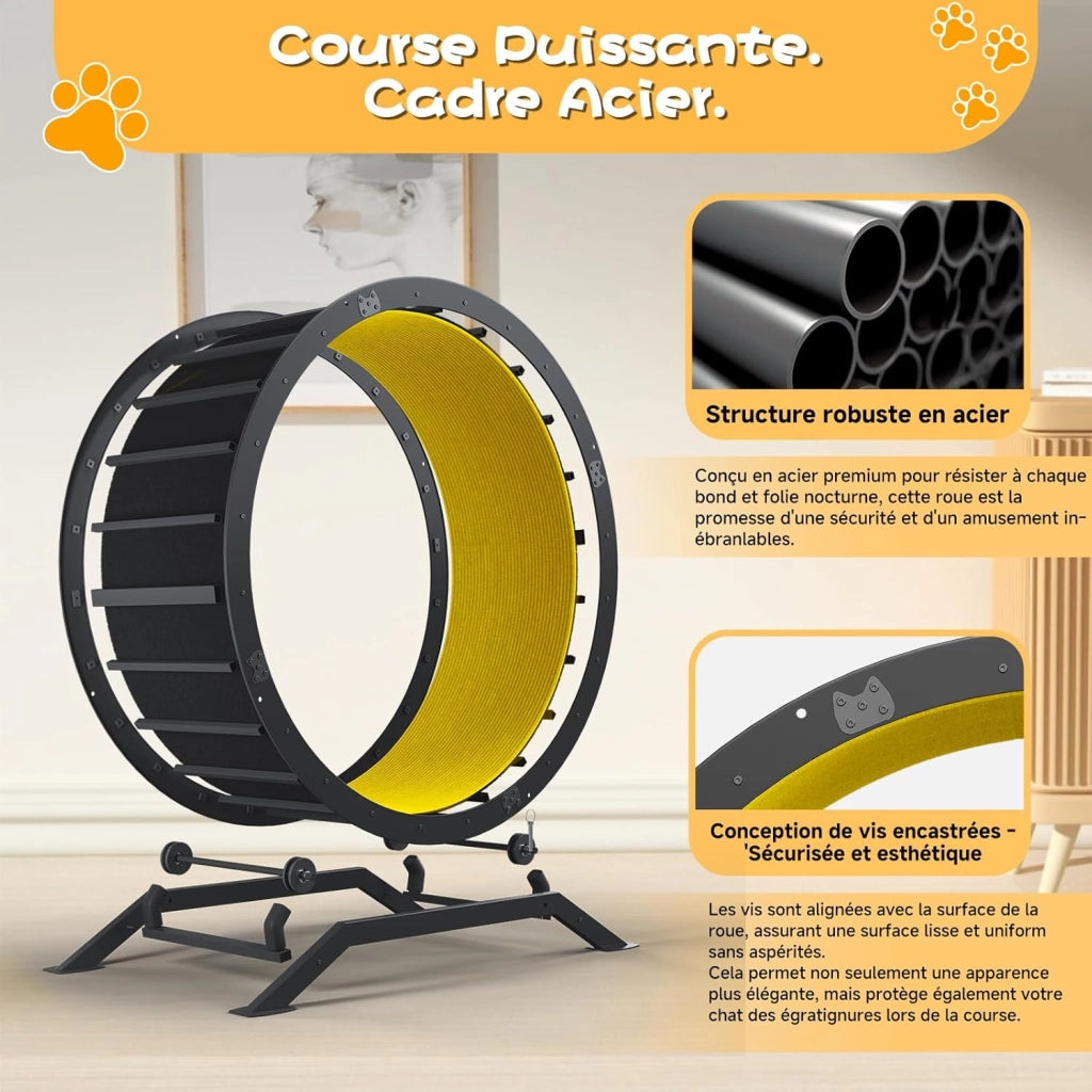 Ruota per gatti, ruota per esercizi per gatti, XL- 100 cm, ultra silenziosa con tappetino rimovibile, adesivi, sistema di bloccaggio, metallo, giallo, regali per il vostro gatto