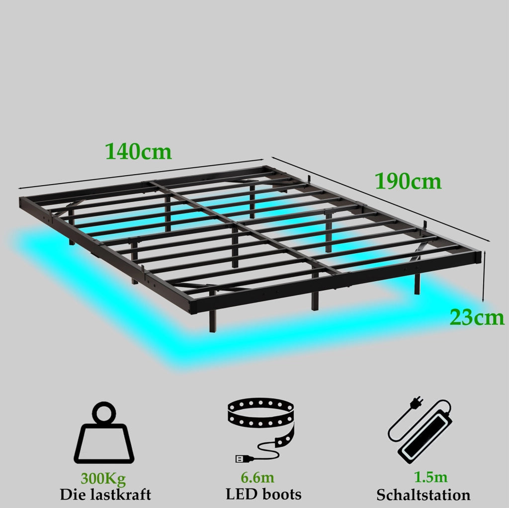 Struttura letto 140x190 cm con effetto sospeso, LED e stazione di ricarica