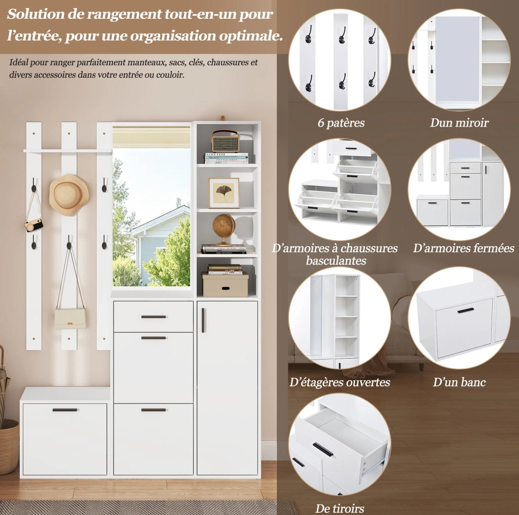 Mobile da ingresso con scarpiera; specchio e appendiabiti 120x30x178 cm in MDF e truciolare bianco