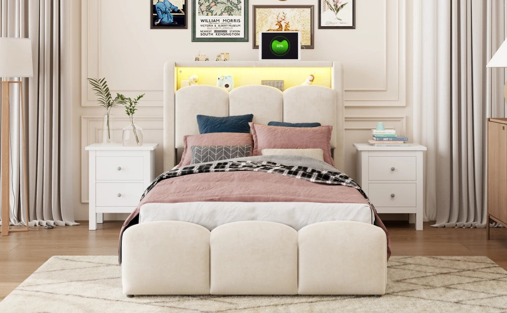 Letto imbottito per bambini con contenitore idraulico, USB-C e LED, 90x200 cm, velluto beige