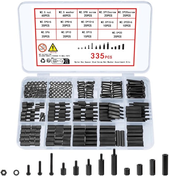 Set di viti in nylon - Viti M2,5 e spaziatori - Resistenti e termo-resistenti - Materiale in plastica nera - Kit di accessori - Adatto per PC...