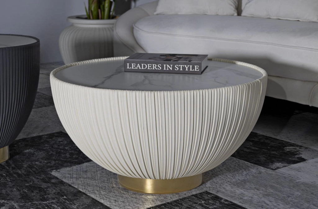 Tavolino da Caffè Elge Ø71x38 cm in Ferro e Ceramica e Poliestere Crema e Oro e Bianco