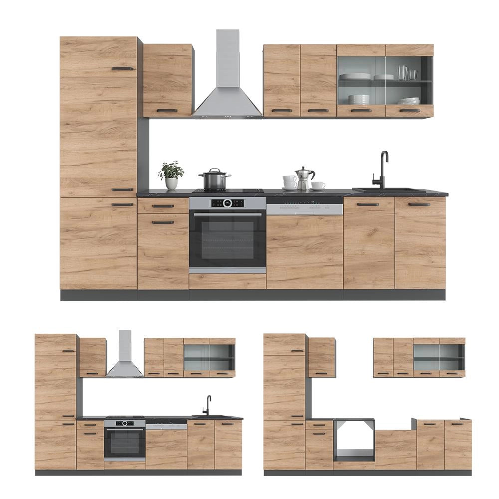 Cucina componibile R-Line Rovere dorato/Antracite 300 cm, PL Marmo Vicco