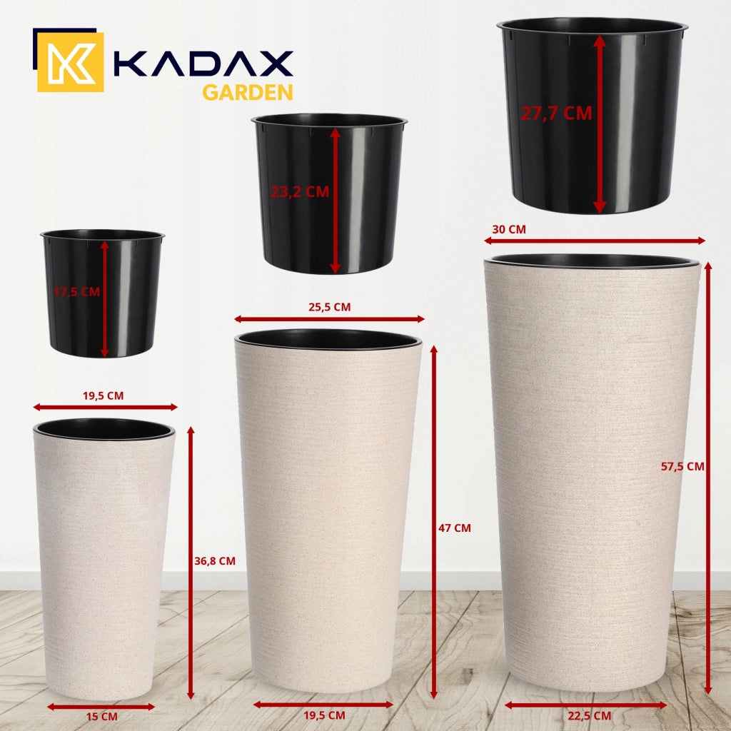 Set di 3 vasi da fiori KADAX, vasi da giardino + inserti, alti e grandi, beige, 37+47+57 cm
