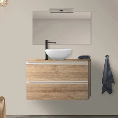 Mobile bagno sospeso 100 cm rovere miele con top e specchio tondo Master