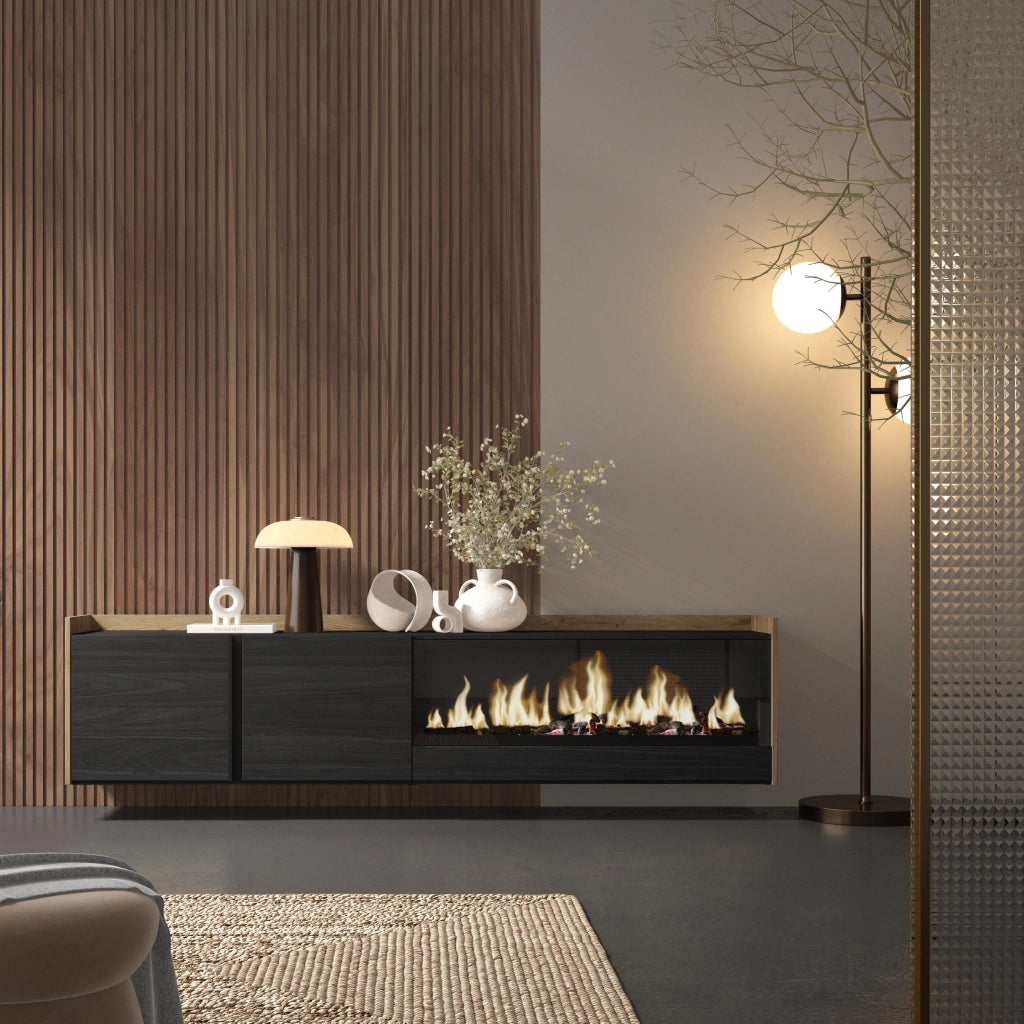 Mobile TV Soggiorno, 212x50x35 cm, Per TV fino a 80", Camino elettrico XXL, Sospeso, da appendere, Nero e rovere