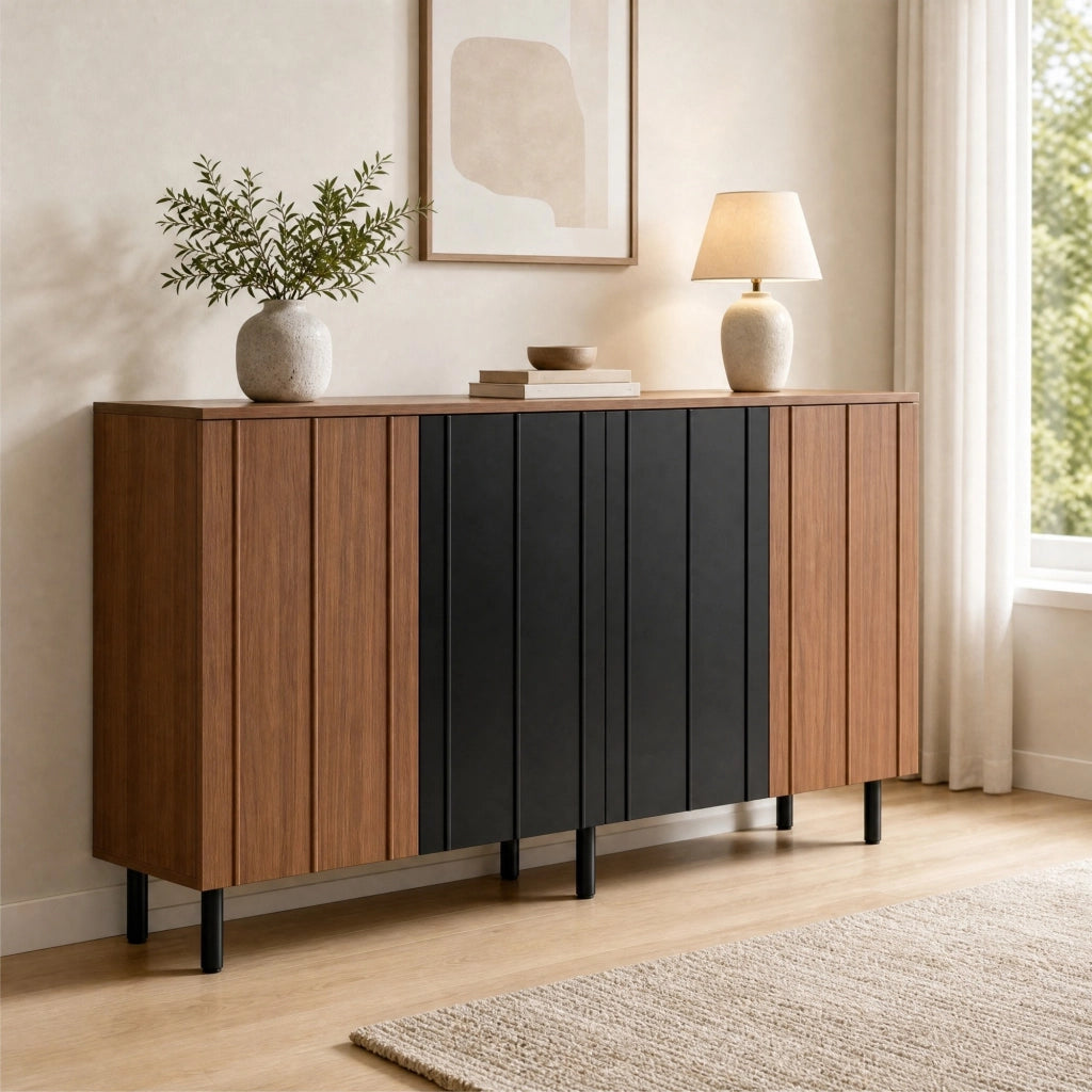 Credenza con 4 ante e ripiani regolabili; ante scanalate e gambe in metallo; per sala da pranzo e cucina; 160×35×80 cm