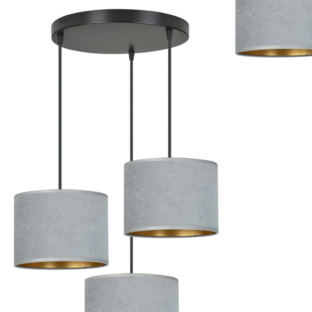 Lampada a sospensione Hilde in acciaio nero e velluto grigio