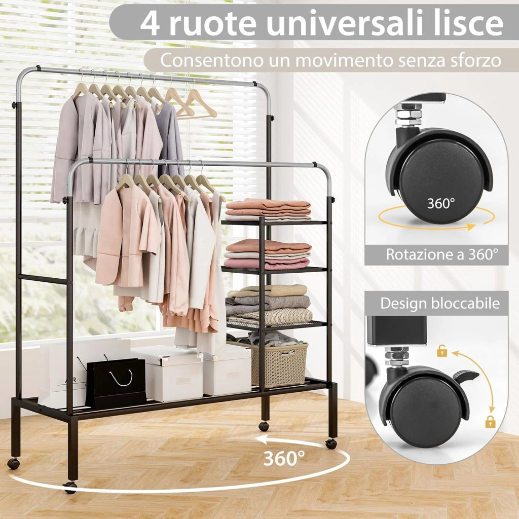 Stand Appendiabiti a Doppia Asta, con Barre Appendiabiti Regolabili in Altezza, Ripiani per Riporre e Ruote Bloccabili, Appendiabiti in Acciaio per Uso Interno ed Esterno(Nero+Argento)
