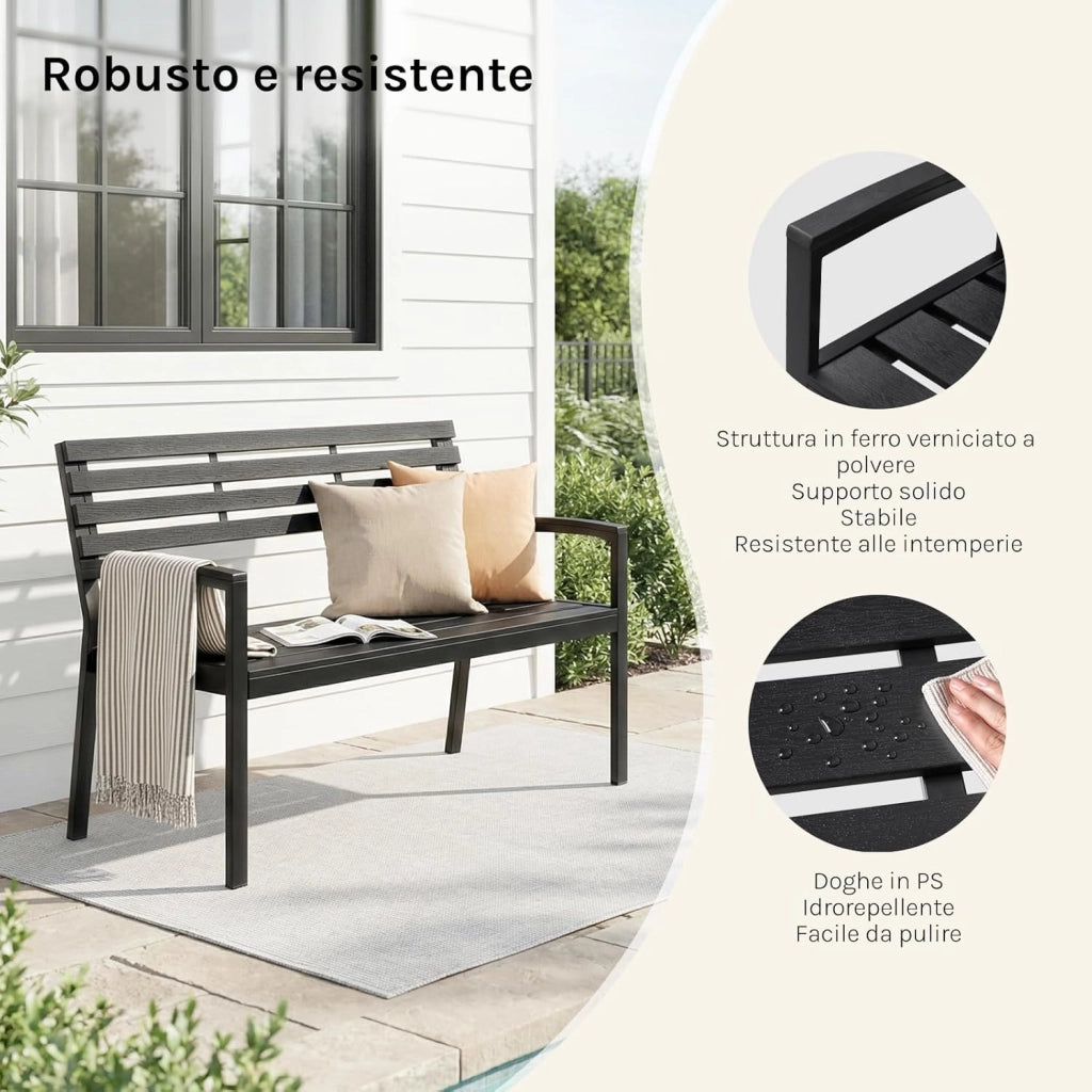 Panca da Giardino 115x55x85 cm, Panchina da Esterno con Schienale e Braccioli, 2-3 Posti, Struttura in Metallo, Resistente alle Intemperie, Portata 280 kg, per Cortile, Terrazza, Prato, Nero