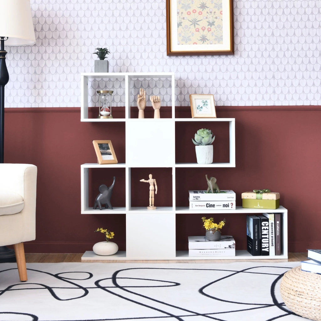 Libreria a forma di scala a 5 livelli con ante-Scaffale decorativo in legno per il soggiorno e l¡¯ufficio Bianco