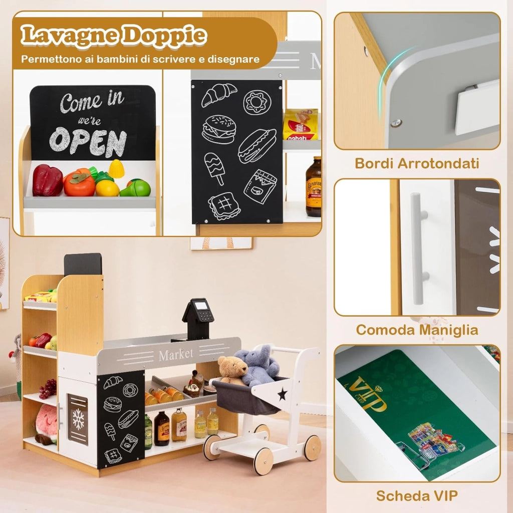 Set da Gioco da Supermercato, Banco di Mercato per Bambini in Legno con Carrello della Spesa, 2 Lavagne e Registratore di Cassa, Scaffali Espositivi, per Bambini 3+ Anni