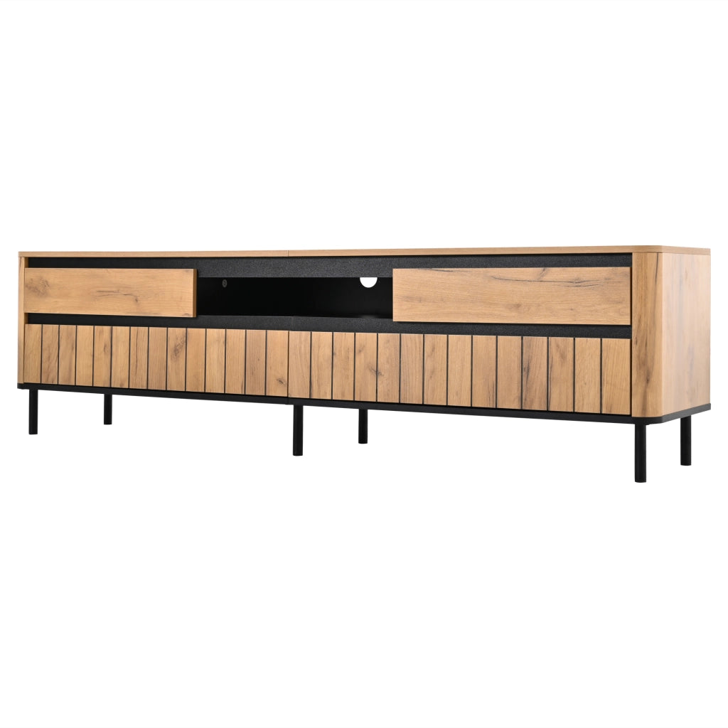 Mobile TV moderno 180x40x52 cm con 2 cassetti, 2 ante a ribalta e vano aperto, finitura rovere e nero