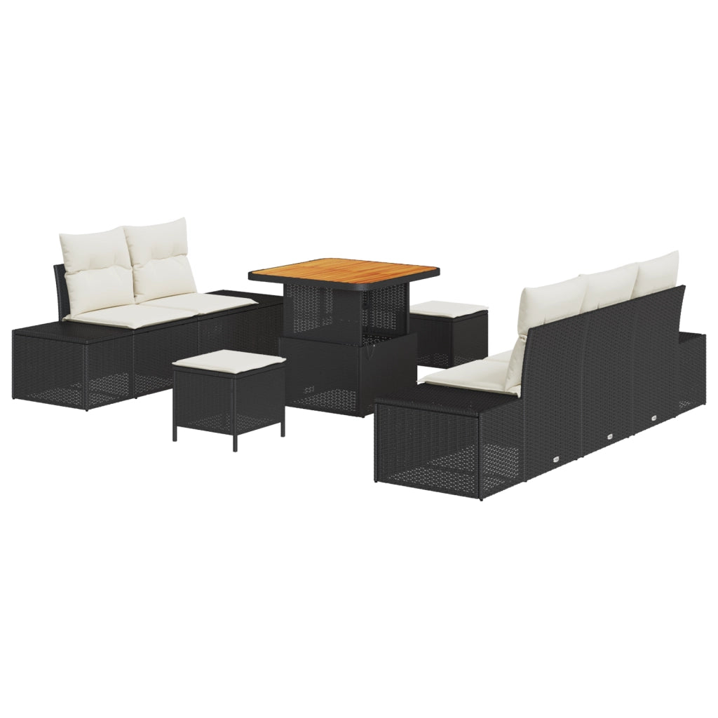 Set di Divani da Giardino 8 Pezzi con Cuscini Neri in Polyrattan e Acacia