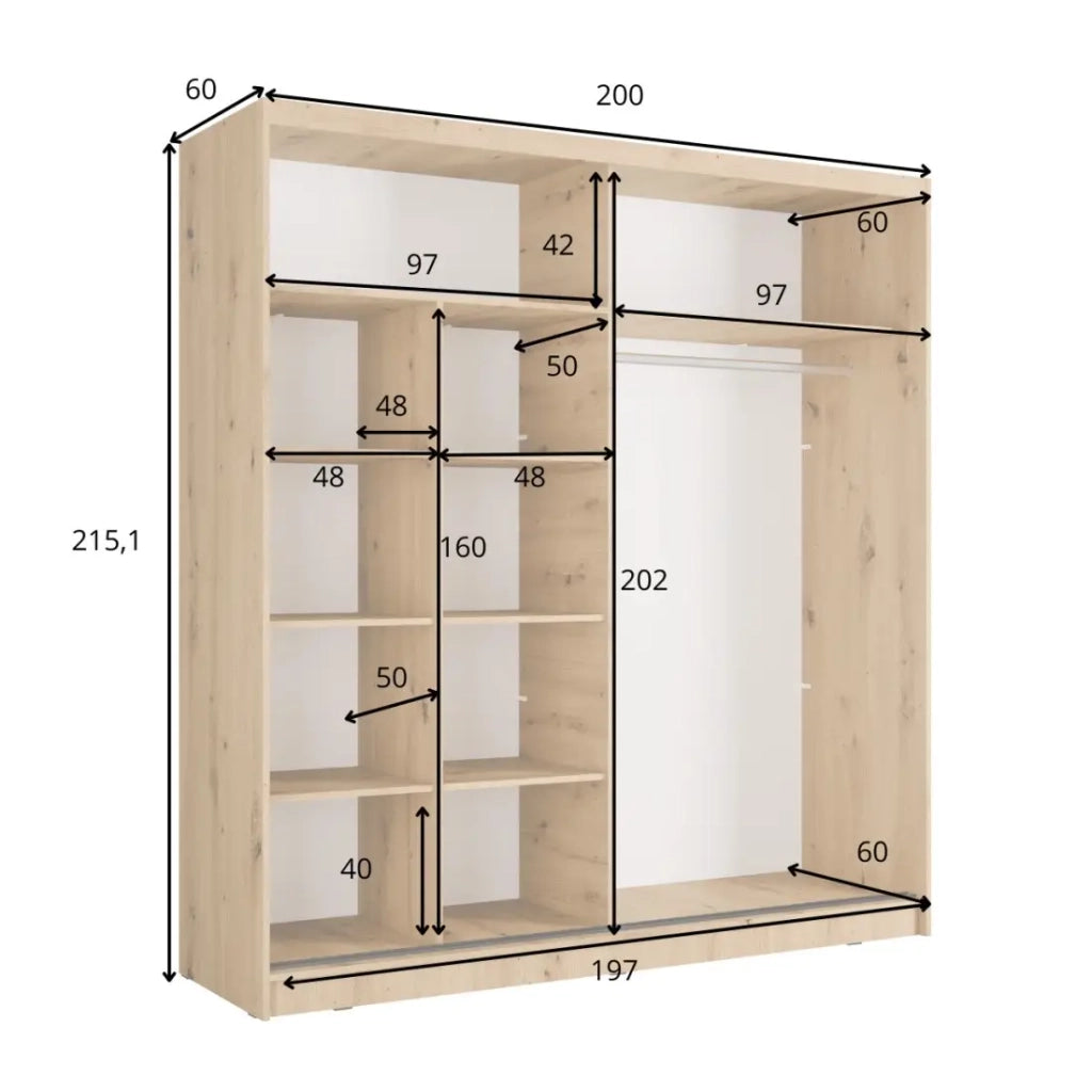 Armadio KAZU a 2 porte scorrevoli con specchio in rovere e grigio grafite 205 cm