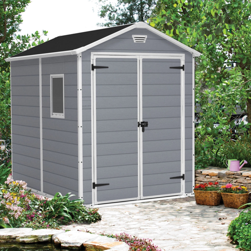 Manor 6x8 - Casetta da Giardino 185,80x227x236,80 cm 2 Ante per deposito attrezzi finitura effetto legno graffiato in Resina Grigio